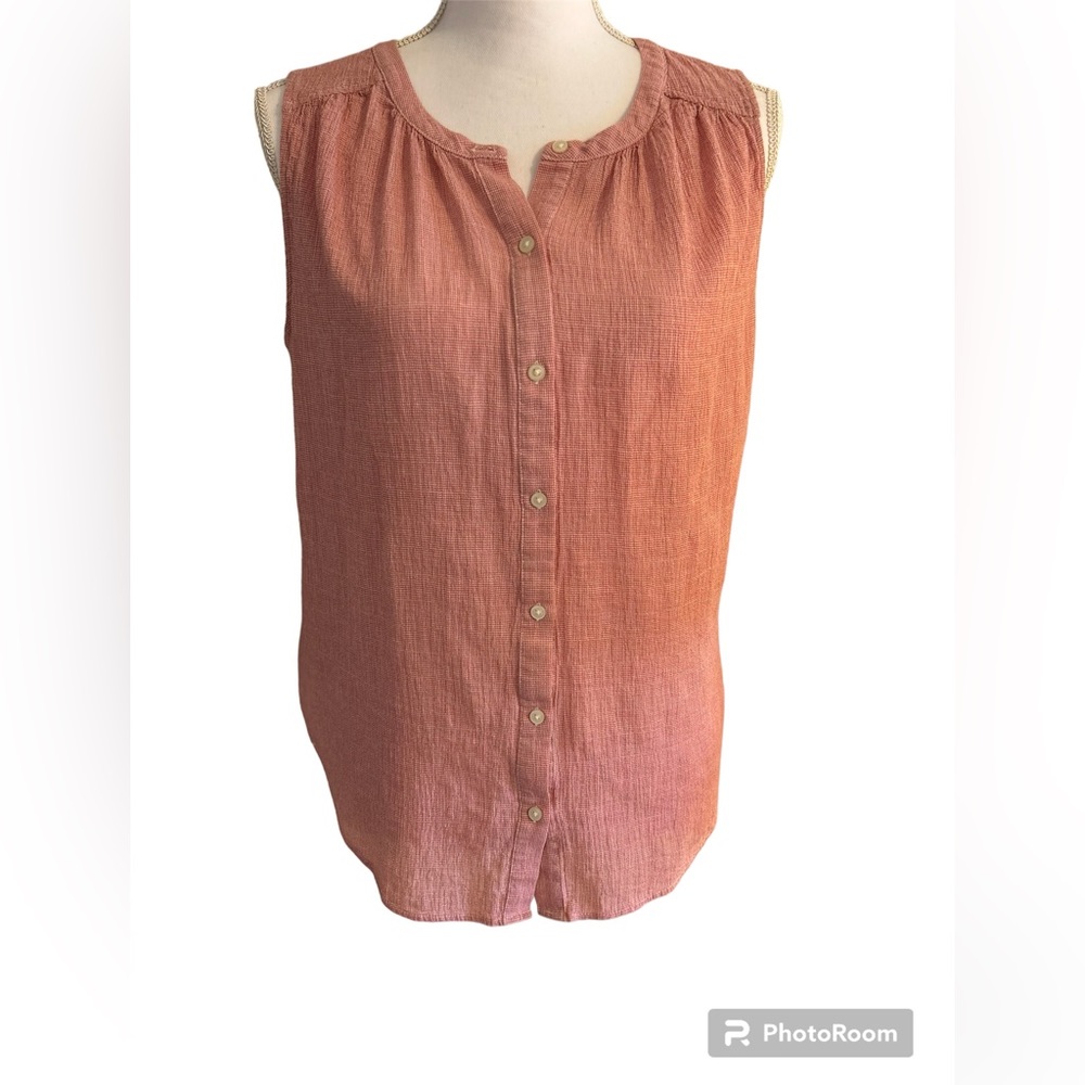 LOFT Pink/white mini check gauze sleeveless button front top.  Size M.